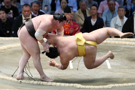 白鵬(左)は小手投げで遠藤を下す=11日、愛知・ドルフィンズアリーナ