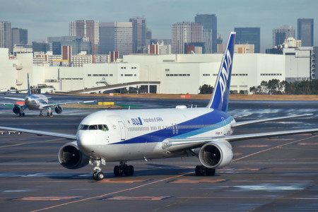 中国・武漢市から邦人を乗せて帰国した政府のチャーター機=29日午前、東京・羽田空港(AFP時事)