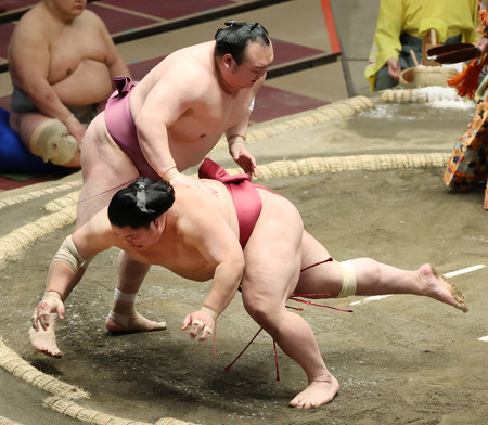大栄翔(下)は宝富士にはたき込みで敗れる=18日、東京・両国国技館