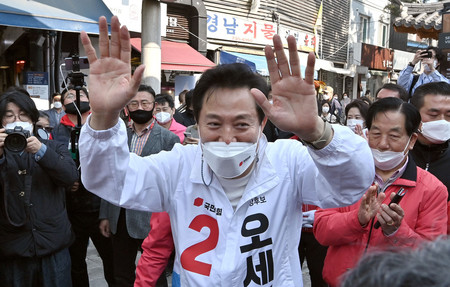 韓国の保守系最大野党「国民の力」の呉世勲・元市長=6日、ソウル(AFP時事)