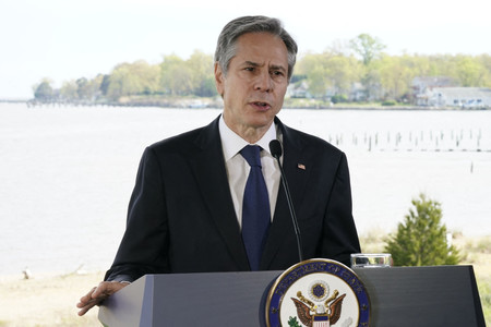 気候変動問題について演説するブリンケン米国務長官=19日、メリーランド州アナポリス(AFP時事)