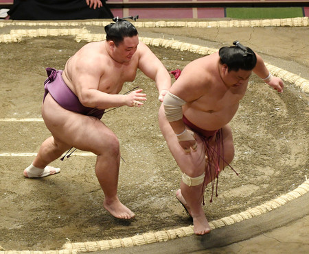 朝乃山(左)は大栄翔を送り出しで下す=9日、東京・両国国技館