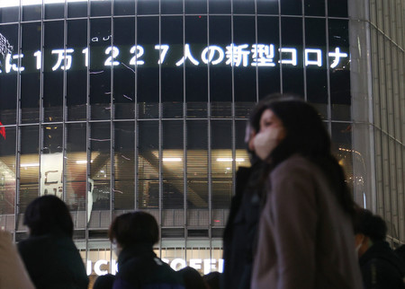 東京都の新型コロナウイルス新規感染者1万人超えを伝える電光掲示板=22日午後、東京都渋谷区