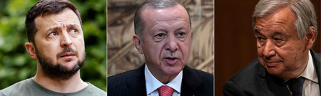 ウクライナのゼレンスキー大統領(左)、トルコのエルドアン大統領(中央)、国連のグテレス事務総長(AFP時事)