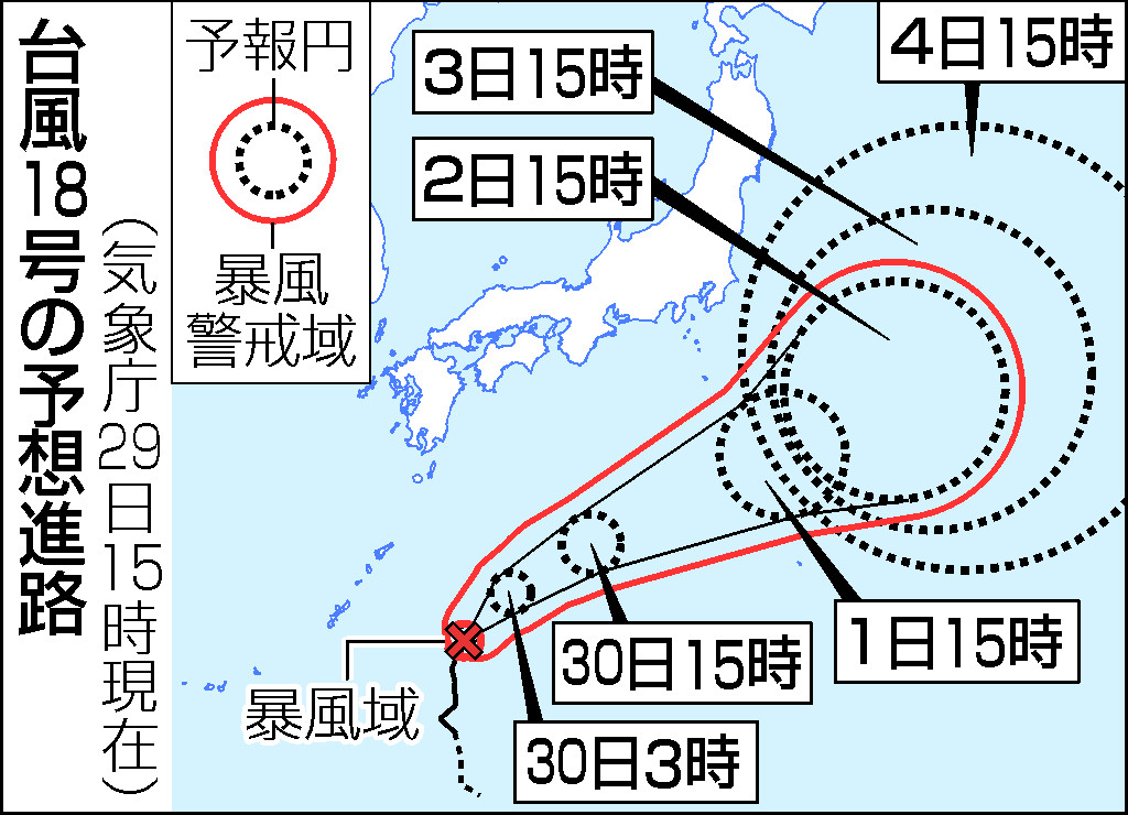 台風１８号の予想進路（２９日１５時現在）