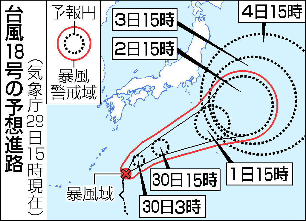 台風18号の予想進路(29日15時現在)
