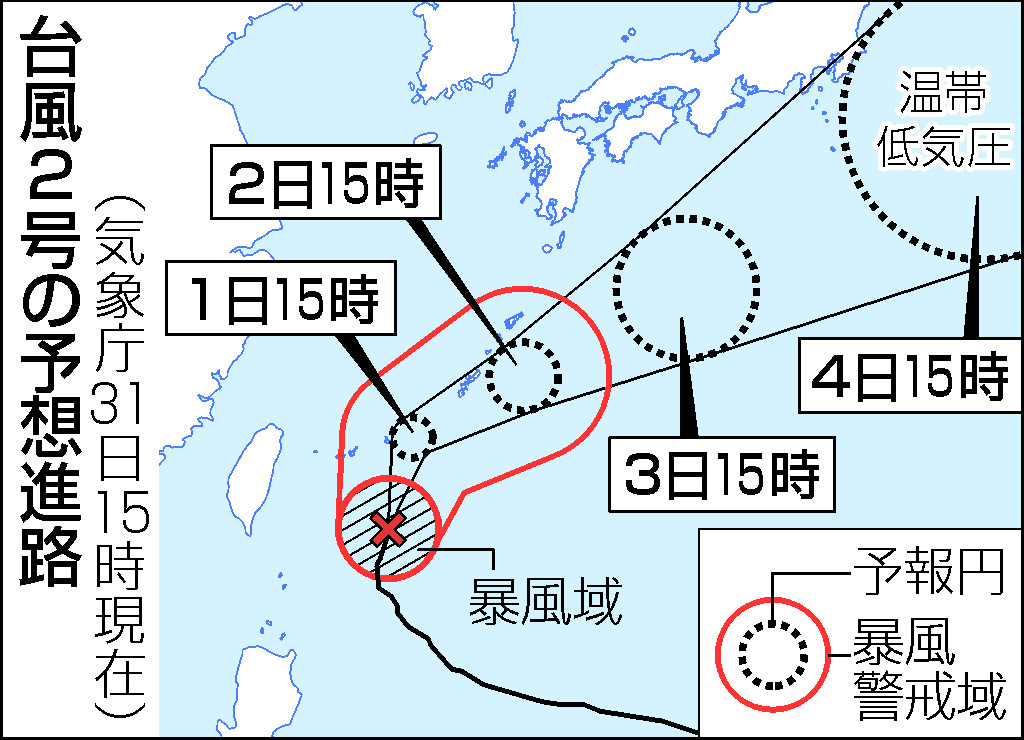 台風2号の予想進路(31日15時現在)