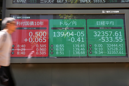 日銀決定で金利急騰＝一時０．５７５％―円相場、株も乱高下・東京市場