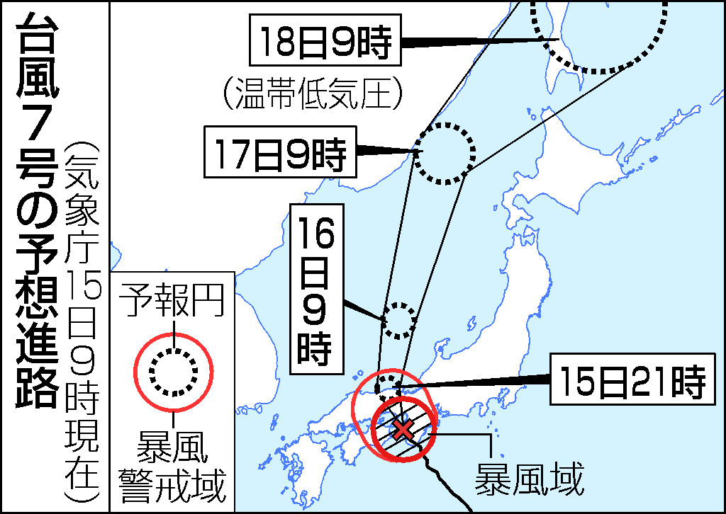台風７号の予想進路（１５日９時現在）