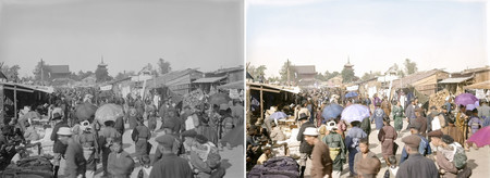 関東大震災後の東京・浅草の仲見世で撮影された写真（左）と、カラー化した写真（国立科学博物館提供、カラー化協力：東京大大学院渡邉英徳教授）