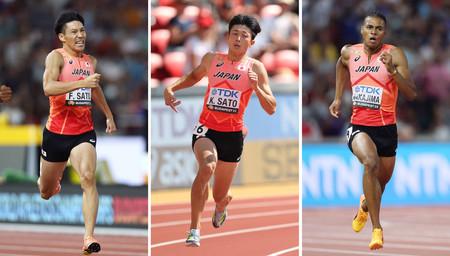 男子４００メートルの（写真左から）佐藤風雅、佐藤拳太郎、中島佑気ジョセフ＝ブダペスト