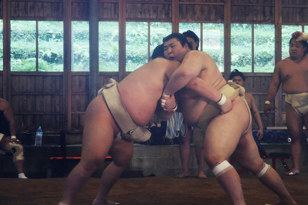 申し合い稽古で相撲を取る熱海富士（右）＝３日、福岡県太宰府市
