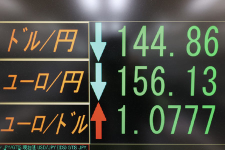 ３カ月ぶりに１ドル＝１４４円台となった円相場を示すモニター＝７日午後、東京都中央区