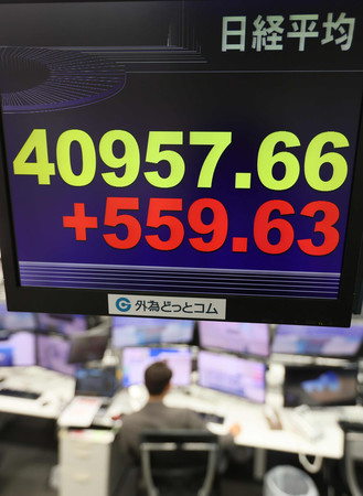 上昇した日経平均株価を示すモニター＝２７日午後、東京都港区の外為どっとコム
