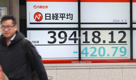 下落した日経平均株価を示すモニター＝３日午前、東京都中央区