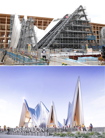 報道陣に公開された「ガスパビリオン」の建設現場（写真上、１６日撮影）と完成予定図（同下、日本ガス協会提供）
