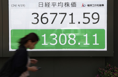 一時、前日比１３００円超下落した日経平均株価を示すモニター＝１９日午前、東京都中央区
