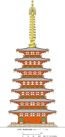 東大寺東塔（七重塔）の復元図（奈良文化財研究所の報告書より）