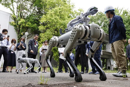 報道関係者らに公開された四足歩行ロボット＝１６日午後、茨城県つくば市