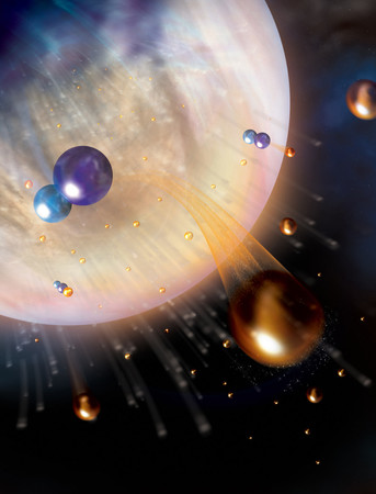 金星の大気上層でイオンが分解し、水素原子（金色）が宇宙へ流出して一酸化炭素分子（青色）が残る想像図。海が消えた謎を解くメカニズムとして推定された（米コロラド大提供）