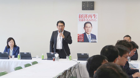 成り済まし広告対策に関する自民党のワーキングチームの会議で、あいさつする座長の平井卓也元デジタル相（左から２人目）＝２４日、東京都千代田区