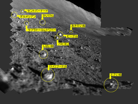 探査機「ＳＬＩＭ」が観測した１０個の月面の石。犬種にちなんだ名前が付けられている。（ＪＡＸＡ、立命館大、会津大提供）