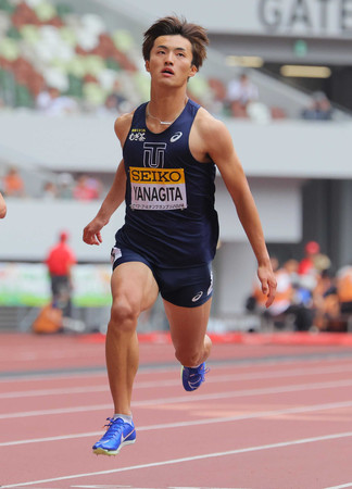 セイコー陸上の男子１００メートル予選でゴールする柳田大輝＝５月１９日、東京・国立競技場