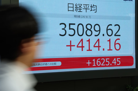 日経平均株価の終値を示すモニター＝７日午後、東京都中央区