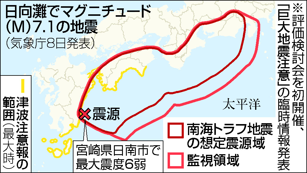 日向灘でマグニチュード（Ｍ）７・１の地震