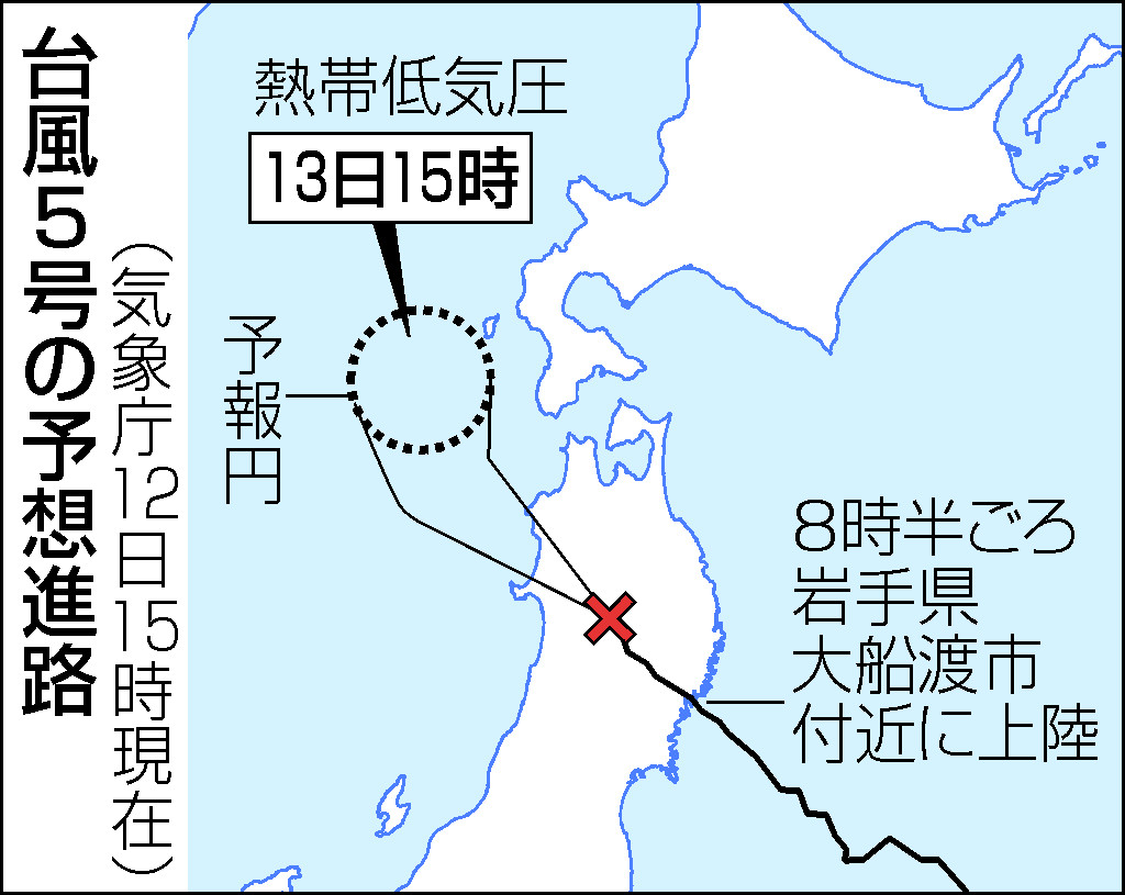 台風５号の予想進路（１２日１５時現在）