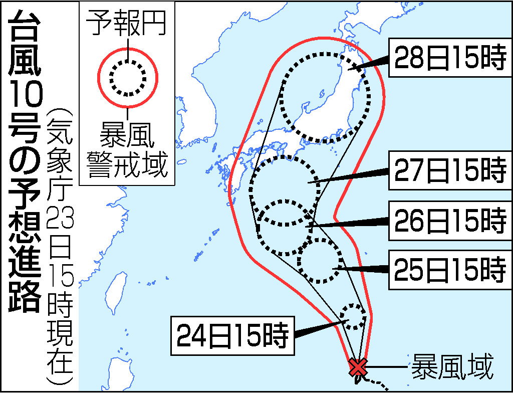 台風１０号の予想進路（２３日１５時現在）