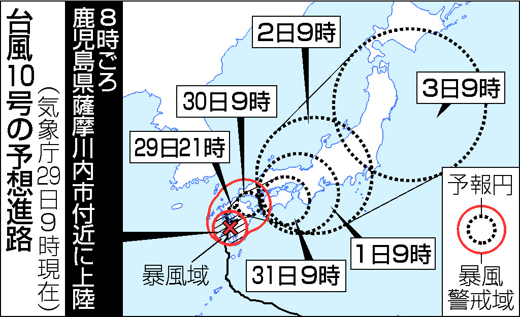 台風１０号の予想進路（２９日９時現在）