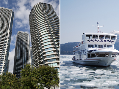 東京都心の高層マンション（写真左）と北海道釧路市の阿寒湖