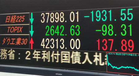 下落した日経平均株価を示すモニター＝３０日午後、東京都中央区