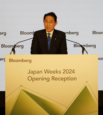 金融イベント「Ｊａｐａｎ　Ｗｅｅｋｓ」で講演する岸田文雄首相＝３０日午後、東京都江東区