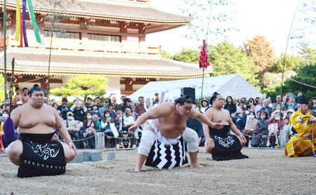 奉納土俵入りをする横綱照ノ富士（左から２人目）＝３日、熊本県玉名市