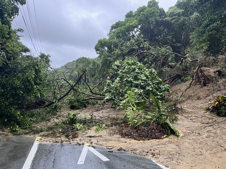 大雨により発生した県道での崖崩れ＝９日午前、鹿児島県与論町（同県提供）