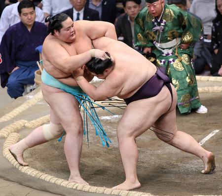 王鵬（右）は押し出しで琴桜を破る＝１２日、福岡国際センター