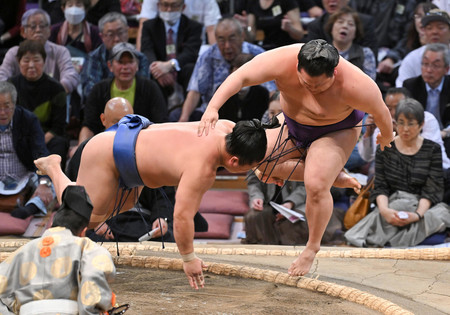 若隆景（左）は押し出しで美ノ海を下す＝１２日、福岡国際センター