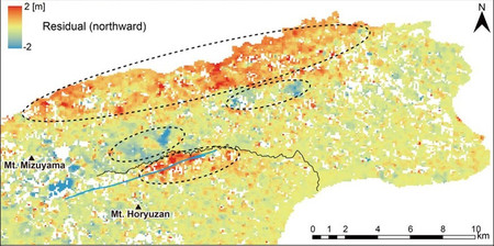 衛星画像の解析から能登半島地震による地形変動を表した図（東北大福島洋准教授ら提供）