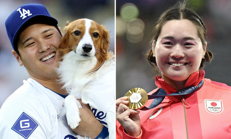 米大リーグ・ドジャースの大谷翔平（写真左）とパリ五輪女子やり投げ金メダルの北口榛花（ＡＦＰ時事）