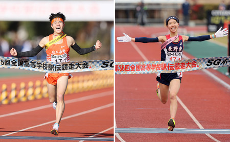 男子の１位でゴールする佐久長聖アンカーの石川浩輝（写真左）と、女子の１位でゴールする長野東アンカーの田畑陽菜＝２２日、たけびしスタジアム京都