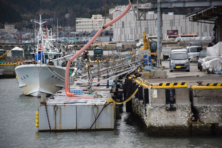 能登半島地震で隆起した輪島港の岸壁の前に設置された仮設の桟橋＝１４日、石川県輪島市