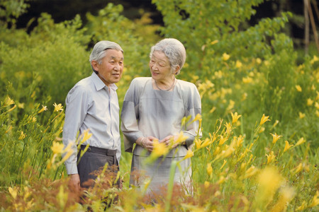 ユウスゲの花が咲く庭を散策される上皇ご夫妻（当時は天皇、皇后両陛下）＝２０１３年７月１１日、皇居・御所（宮内庁提供）