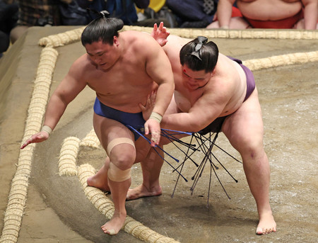 王鵬（右）は若隆景を押し出しで破る＝１３日、東京・両国国技館