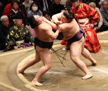 王鵬(右)は若元春を突き倒しで破る=14日、東京・両国国技館