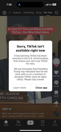 ＴｉｋＴｏｋ（ティックトック）アプリ上で表示されたサービス停止の通知＝１８日、米カリフォルニア州