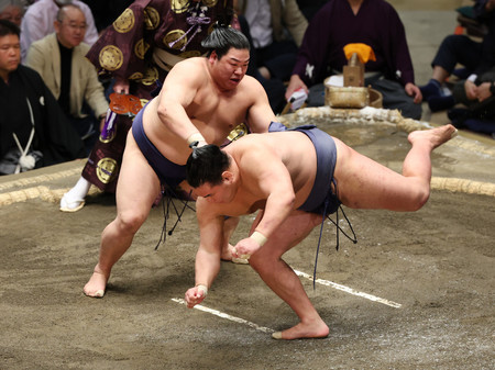 豊昇龍（手前）は平戸海に突き落としで敗れる＝２０日、東京・両国国技館