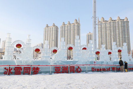 男子アイスホッケー会場の近くに設けられた、マスコットキャラクターの氷像=4日午後、中国・ハルビン