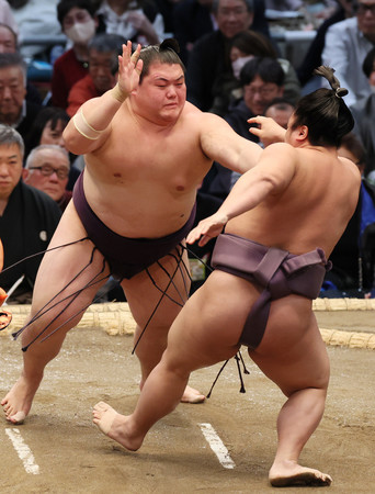 王鵬(左)は押し出しで翔猿を下す=11日、エディオンアリーナ大阪